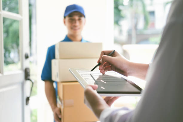 Delivery, mail, people and shipping concept. stock photo