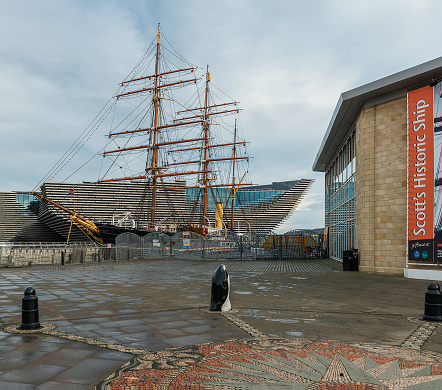 Dundee,Scotland,UK-December 05,2017: Scotts famous ship Discovery berthed next to the new V&A Museum of Design at the Dundee Waterfront presently under construction..