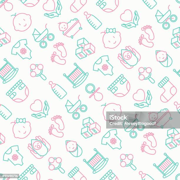 Baby Care Seamless Pattern With Thin Line Icons Newborn Diaper Pacifier Crib Footprints Bathtub With Bubbles Vector Illustration For Background Stock Illustration - Download Image Now