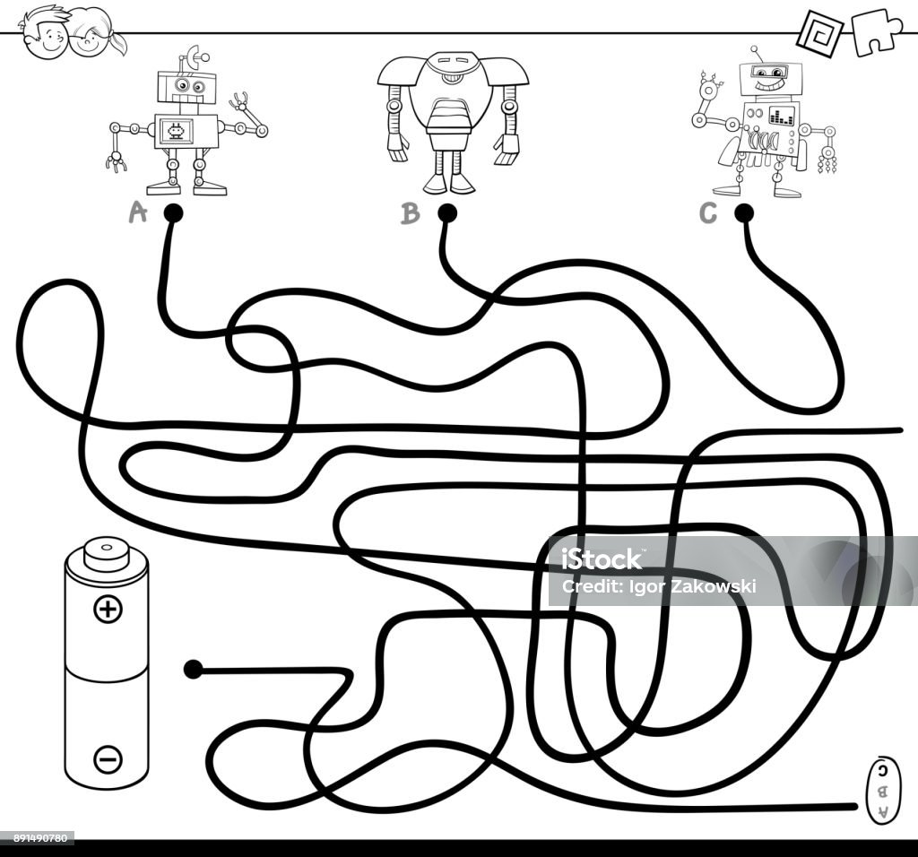 path maze with robots and battery color book Black and White Cartoon Illustration of Paths or Maze Puzzle Activity Game with Robot Characters and Battery Coloring Book Battery stock vector