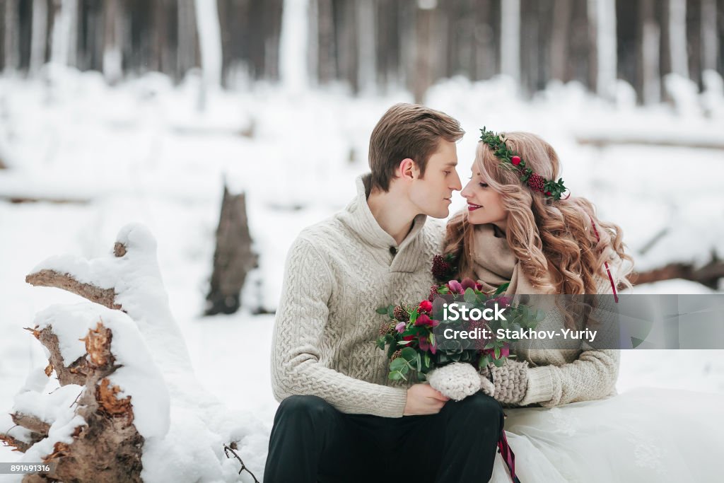 Bride and groom in winter forest. Moment before a kiss. Artwork Bride and groom in winter forest. Moment before a kiss. . Artwork. Copy space Adult Stock Photo