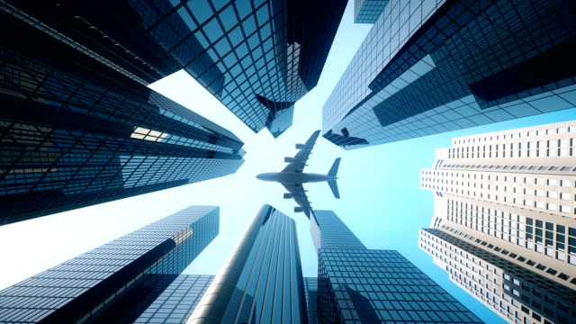 Commercial Flight over Business district - Blue