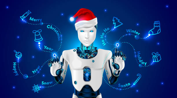 istock Robot in a red cap of Santa Claus draws on holographic screen Christmas pattern: tree, jingle bell, candy cane, snowflake, sphere, gift. Robot manages organizacia Christmas events or new year's sale. 891497276