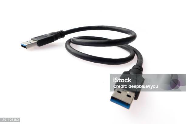 Usb Cable On White Background Stock Photo - Download Image Now - Abstract, Audio Equipment, Black Color