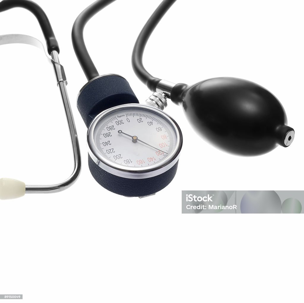 Sphygmomanometer's pump, gauge-Zahl und Stethoskop. - Lizenzfrei Anzeigeinstrument Stock-Foto