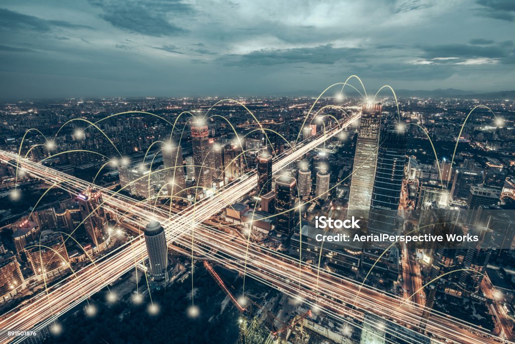 Aerial View of City Network of Beijing Skyline Smart City Connection Stock Photo