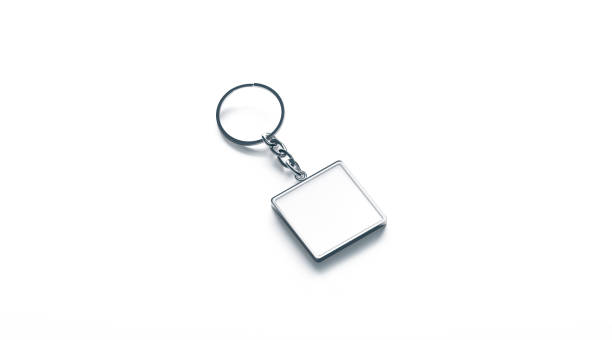 istock Blank metal square white key chain mock up side view 891502192