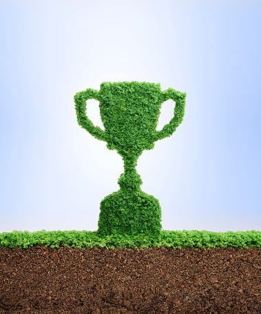 Grass growing in the shape of a trophy cup, symbolising the care and dedication needed for success.