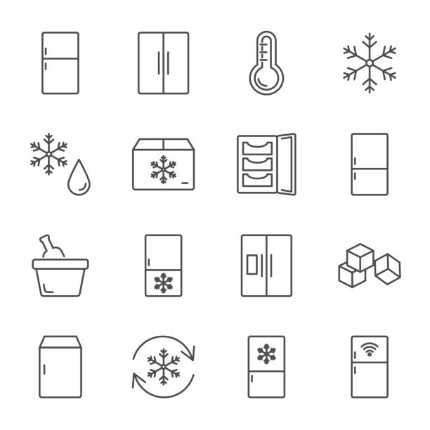ilustraciones, imágenes clip art, dibujos animados e iconos de stock de conjunto refrigerador de estilo de línea de iconos de vector - ice machine