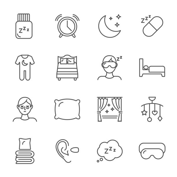 satz von vektor-icons-linienstil schlafen - schlafen stock-grafiken, -clipart, -cartoons und -symbole