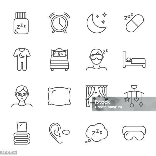 Sleep Set Of Vector Icons Line Style Stock Illustration - Download Image Now - Sleeping, Bed - Furniture, Line Icon