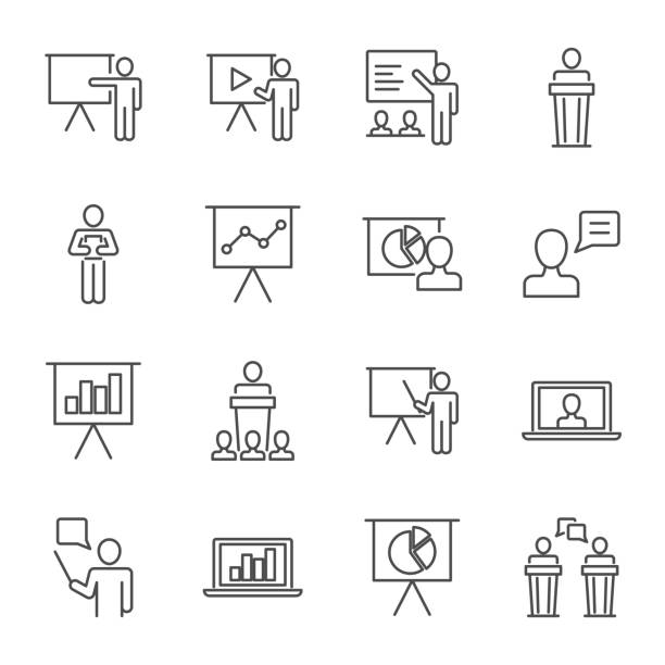 ilustraciones, imágenes clip art, dibujos animados e iconos de stock de sistema de presentación del estilo de línea de iconos de vector - seminar