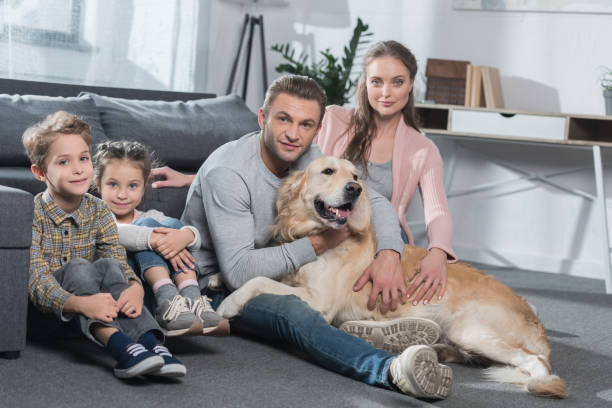istock Family and dog sitting on floor 891523678