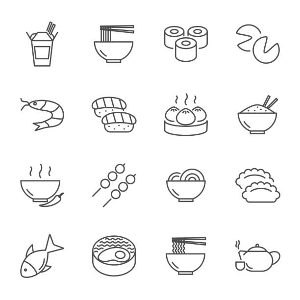 ilustrações, clipart, desenhos animados e ícones de conjunto de comida asiática de estilo de linha do vetor ícones - sushi japan restaurant food