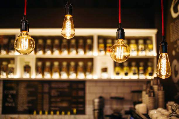 istock Decorative, designer, Edison bulbs in a cafe. Isolated text 891526544