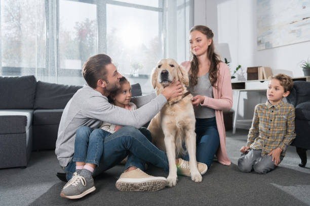 istock Family sitting on floor with dog 891526726