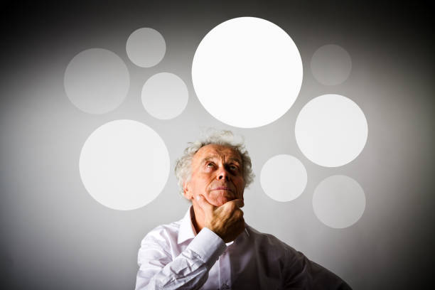 old man in white is having an idea with gray bubbles over his head. old man is full of doubts and hesitation. - 2281 imagens e fotografias de stock