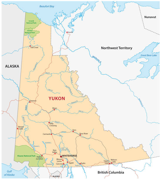 ilustrações, clipart, desenhos animados e ícones de mapa de estrada do território de yukon - klondike river