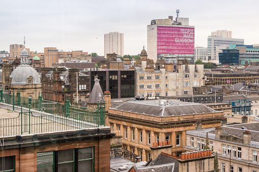 Panorama of the inner city of Glagow, Scotland, showing a mix of architectural styles. Photo was taken from the roof of the so-called Lighthouse