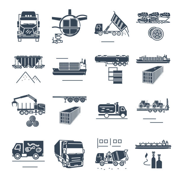 illustrazioni stock, clip art, cartoni animati e icone di tendenza di set di icone nere processo di trasporto merci, merci e merci - truck transportation fish industry