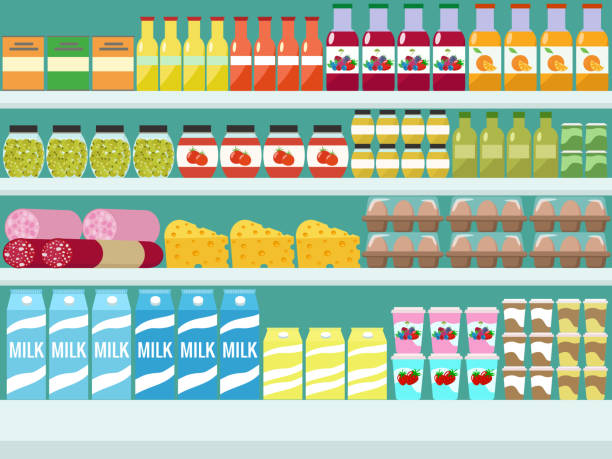 istock Store shelves with groceries, food and drinks. 891536794