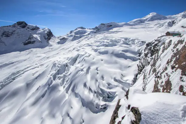 Snow-white drifts  on the glacier in the mountains of Switzerland
