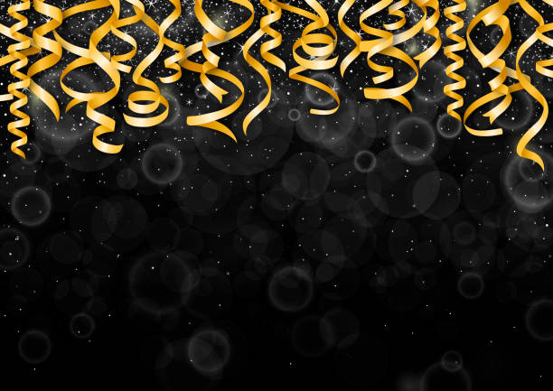 Gold Metallics Celebration with streamers and fireworks vector art illustration