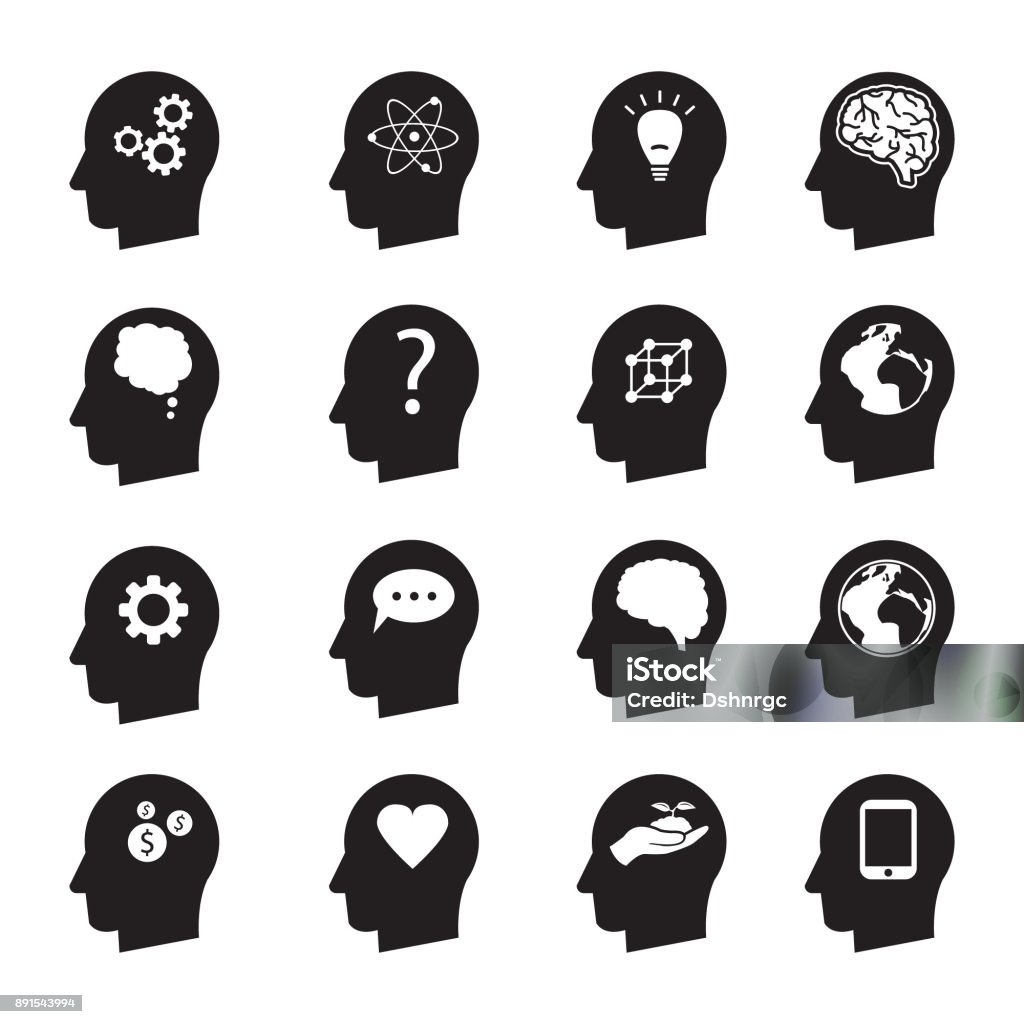 Set di icone vettoriali di pensiero della testa dell'uomo, ecologia, denaro, connessione, amore e altri - arte vettoriale royalty-free di Icona