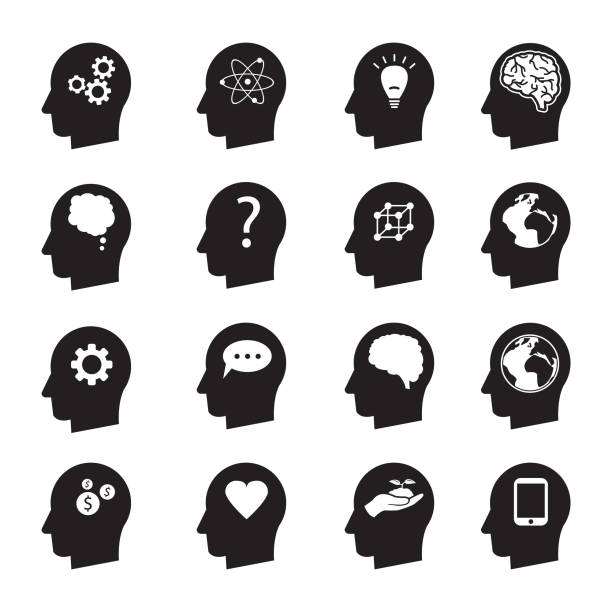 Man head mind thinking vector icon set, ecology, money, connection, love and others simple vector illustration design of man thinking head set head stock illustrations