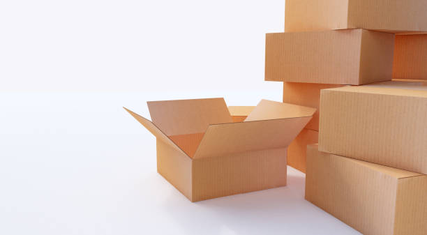 istock 3d rendering. Pile of cardboard boxes isolated on white. 891550062
