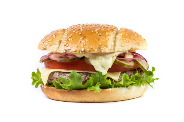 istock Fast food Burger with salad isolated against white background 891569928