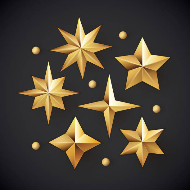 ilustrações de stock, clip art, desenhos animados e ícones de vector set of realistic metallic golden stars isolated on white background. - asterisk