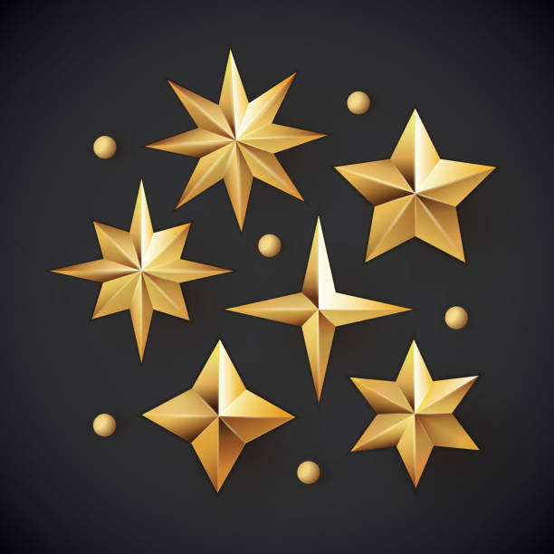 векторный набор реалистичных металлических золотых звезд, изолированных на белом фоне. - christmas 3d stock illustrations