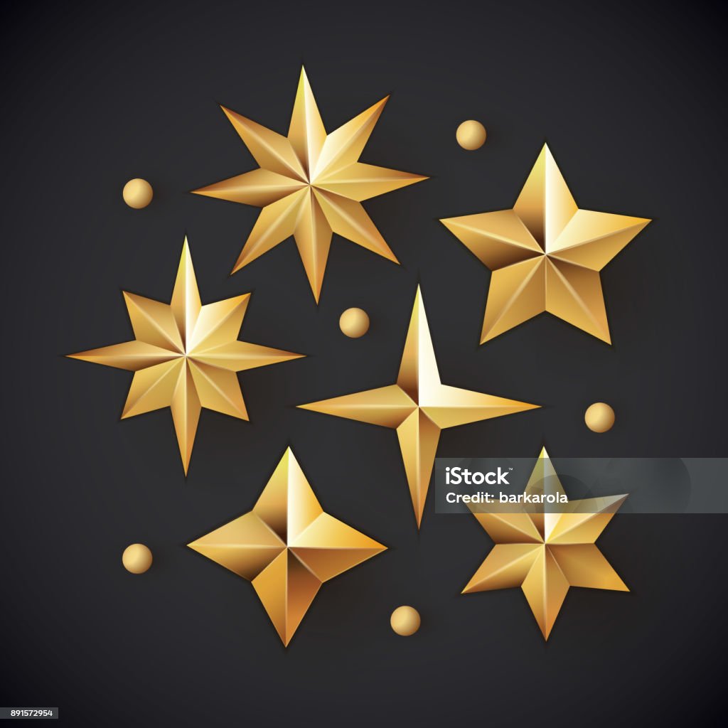 Vector set of realistic metallic golden stars isolated on white background. Glowing realistic golden stars background isolated on black.  Christmas stock vector