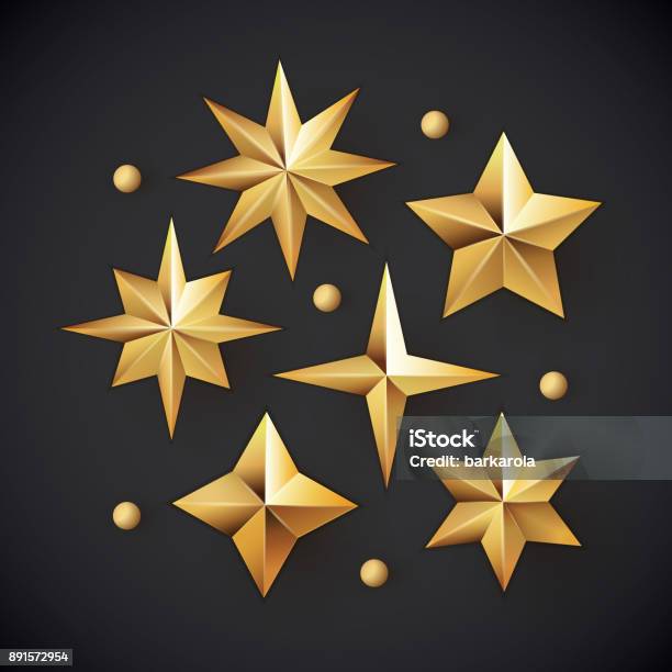 Vector Set Of Realistic Metallic Golden Stars Isolated On White Background Stock Illustration - Download Image Now