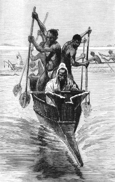 African slaves paddling an Arab pirogue bearing a slave-dealer A group of African slaves paddling a piroque which is carrying an Arab slave-dealer across a body of water. Other boats can be seen in the background, similarly crewed. The slave dealer is probably taking the slaves to a slave market to sell them.  african slaves stock illustrations