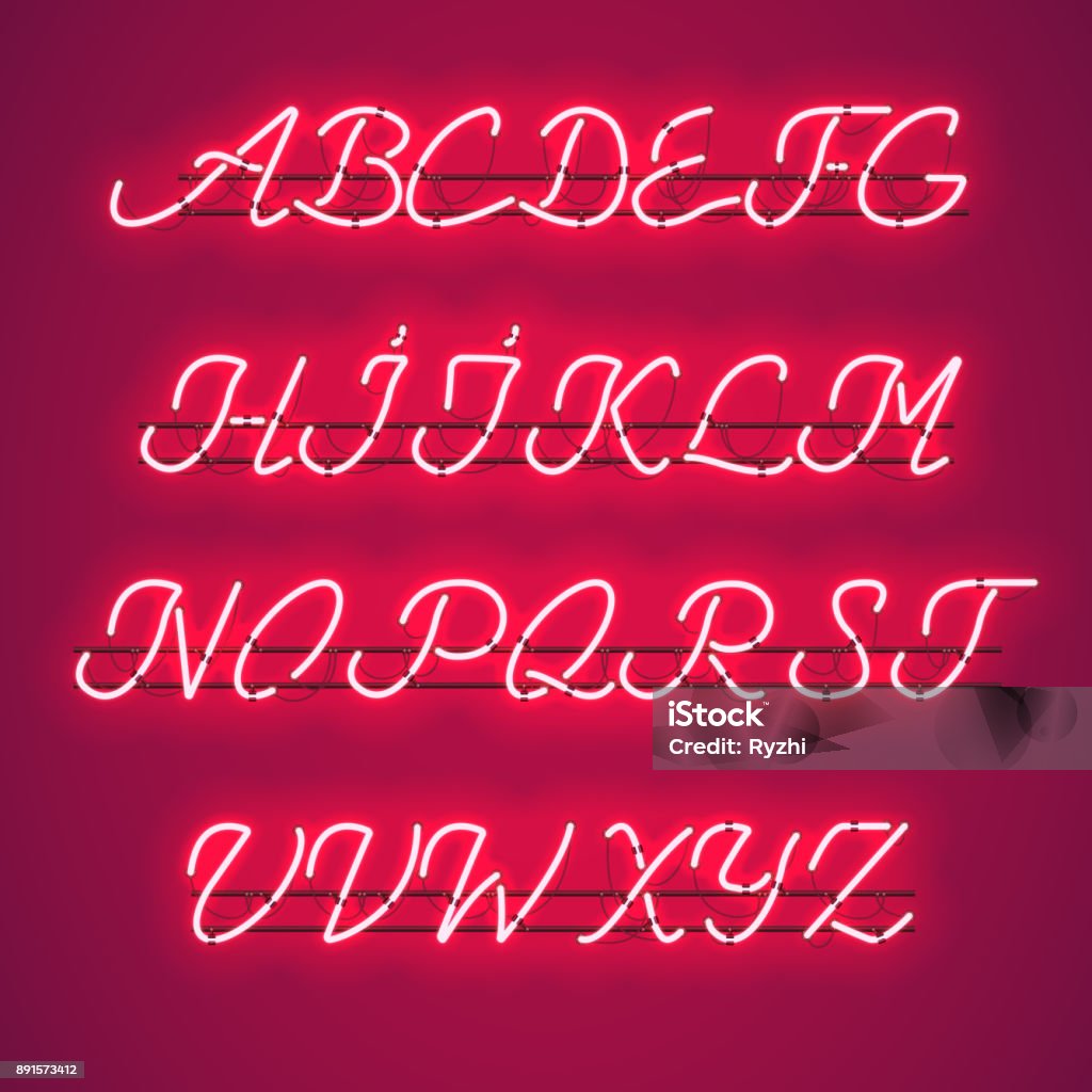 Rojo Script Ilustración de Fuente De Script Mayúsculas Neón Rojo Que Brilla ...