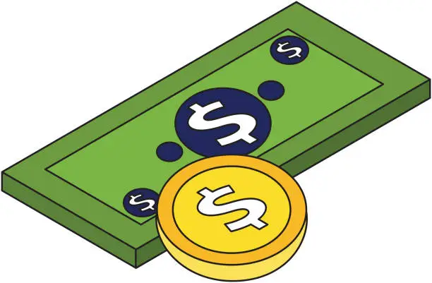 Vector illustration of money banknote coin currency dollar isometric