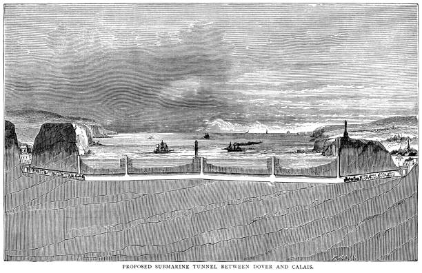 Proposed submarine tunnel between Dover and Calais The building of a tunnel beneath the English Channel to connect England with France had several failed attempts before the current tunnel’s eventual successful opening in 1994. This engraving shows a cross section of the proposed tunnel of Sir John Hawkshaw c1866. north downs stock illustrations