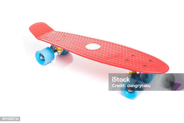 Red Plastic Skateboard On White Background Stock Photo - Download Image Now - Skateboard, Skateboarding, Cut Out