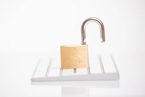 istock Open steel padlock lying on a white computer keyboard in a low angle view in a concpet of privacy and online security 891589180