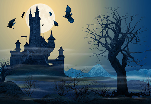 3D render of a spooky castle illuminated against the full moon and Bats flying around