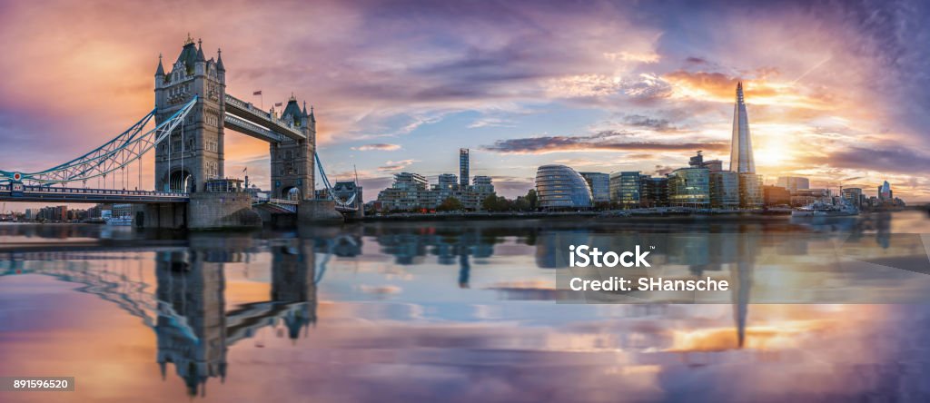 The iconic skyline of London during sunset The iconic skyline of London: from the Tower Bridge to London Bridge during sunset London - England Stock Photo