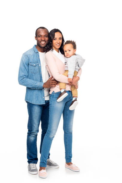 happy african american family full length view of happy african american family with one kid smiling at camera isolated on white the black womens expo stock pictures, royalty-free photos & images