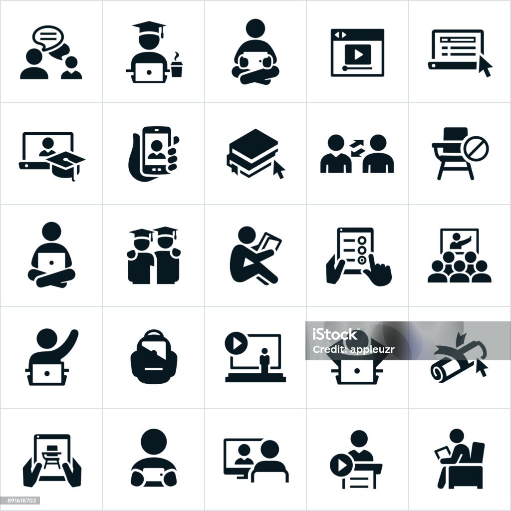 Online Learning Icons An icon set illustrating the concept of online learning. The icons show students working on their computers and other online devices as well as attending lectures and trainings on these same devices. Icon Symbol stock vector