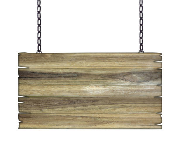 istock Wooden sign hanging on a chain isolated on white 891618990