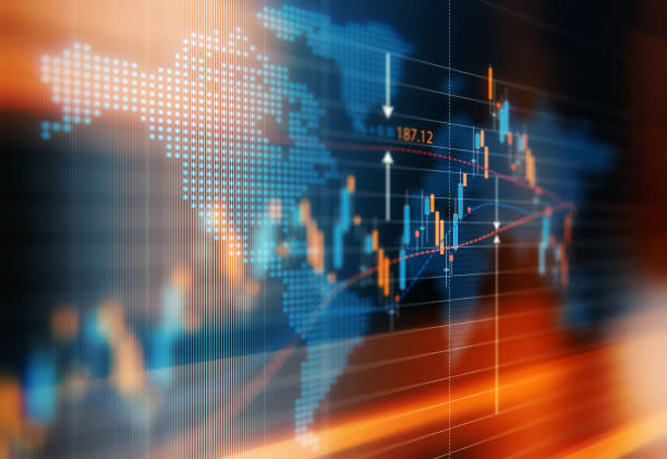 Global Market Trends Financial data analysis graph showing global market trends. Selective focus. Horizontal composition with copy space. currency exchange stock pictures, royalty-free photos & images