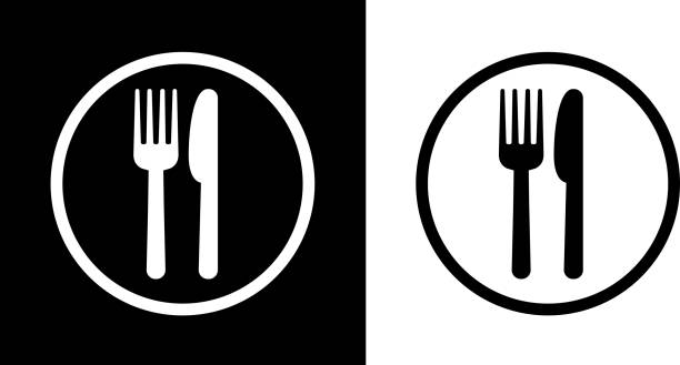 Food Court Sign.This royalty free vector illustration features the main icon on both white and black backgrounds. The image is black and white and had the background rendered with the main icon. The illustration is simple yet very conceptual.