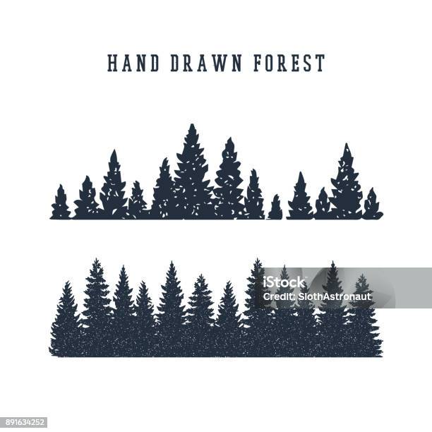 Hand Drawn Pine Forest Vector Illustration Stock Illustration - Download Image Now - Pine Tree, Tree, Forest