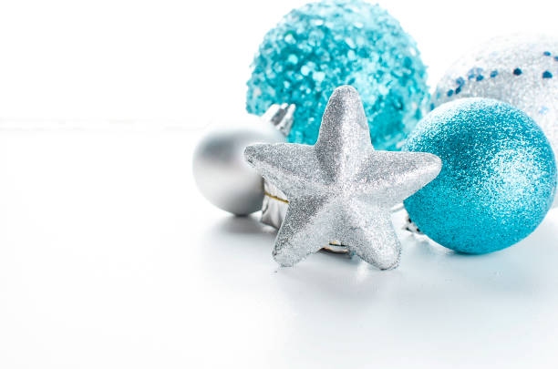 istock Christmas blue and silver balls, gifts. 891635364
